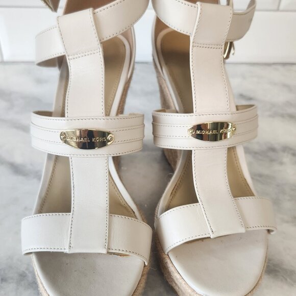 MICHAEL KORS Cute Natural cream Leather Espadrilles Raffia Wedge Sz 9 EUC! - Picture 3 of 5
